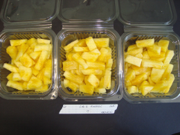 Défaut d'aspect sur cubes d'ananas (MP trop mûre) - Conservation sur lit de glace marché de plein vent 6 heures - DLC 3 jours